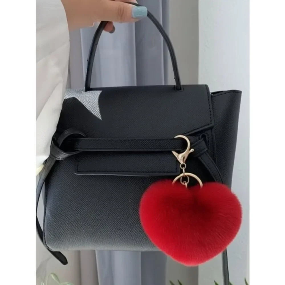 Plush Red Heart Keychain Fluffy Bag Charm Heart Shaped Purse Charm Golden Metal